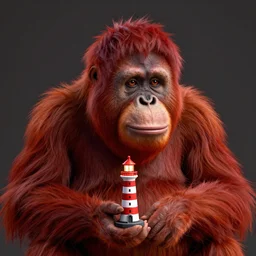 glowwave portrait of red orangutan as a agent holding lighthouse toy, au naturel, hyper detailed, digital art, trending in artstation, cinematic lighting, studio quality, smooth render, unreal engine 5 rendered, octane rendered, art style by pixar warner bros dreamworks disney riot games and overwatch
