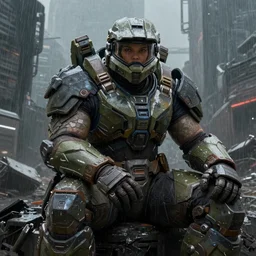 character portrait of a big beefy bulky female warrior wearing mjolnir mk 6 armor from halo infinite sitting down in a desolate cyberpunk wasteland city, symmetrical face details, realistically rendered eyes, 8 k, ultra realistic, realistic shading, concept art, digital painting, illustration, matte painting, moody lighting, good value control, sharp focus, minimal artifacts, wet, rain, rainstorm, john singer sargent, william - adolphe bouguereau, masami suda