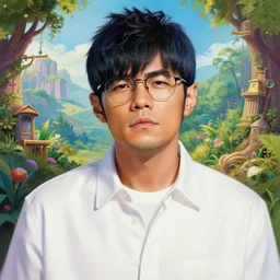 portrait painting of twenty - eight - year - old young man, wearing glasses, like jay chou wearing a white shirt by wenjun lin, irakli nadar, bright colors, octopath traveler, wenjun lin, unreal engine 5 highly rendered, global illumination, radiant light, detailed and intricate environment