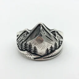 a silver ring design inspired on mountains and nature with exaggerated following lines, bohemian style, sketch on paper