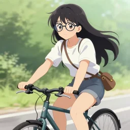 beautiful arab anime girl wearing glasses riding a bike