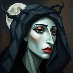 3 d cubist cell shaded portrait painting of moon witch, 3 d cell shaded cubism, in the style of picasso, elegant, highly detailed, artstation, art by picasso 3 d cell shaded unreal engine