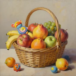 photorealistic painting of a fruit basket with fruit and toys