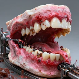 hr giger - designed assembly line made of teeth and gums. assembly line made to chew objects. nightmare 3 d cinematic render, volumetric lighting, photorealistic, by hr giger. red pink white steel black rust surreal biomechanical nightmare nightmare nightmare
