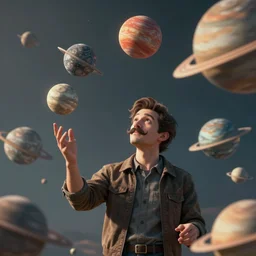 a being with a moustache juggling planets illustration realistic cinematic 3 5 mm depth of field detailed