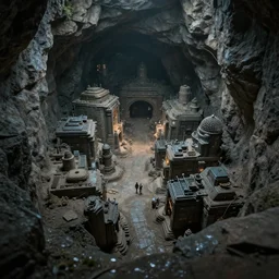 an underground city built in a deep pit into the stone walls, 8 k, shallow depth of field, moody lighting, ultra high detail, concept art,