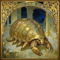 trilobite king demigod in obsidian palace golden ornaments painted by alphonse mucha, night landscape, cinematic scene, art nouveau