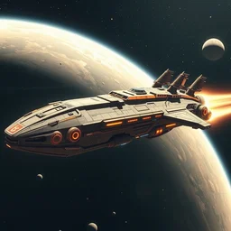 a massive futuristic magicpunk egyptian war ship evolved to become a futuristic spaceship with futuristic thrusters in the back traveling through space, planets in the background by john.