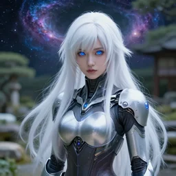 perfect android girl in a japanese garden, warframe armor, beautiful face, scifi, futuristic, galaxy, nebula, raytracing, dreamy, long white hair, blue cyborg eyes, sharp focus, cinematic lighting, highly detailed, artstation, divine, by takato yamamoto, gauthier leblanc, kazuya takahashi, huifeng huang