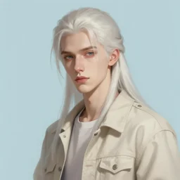 portrait of a young pale man with very long pale hair wearing a beige jacket, light blue background, digital painting, artstation, beautiful