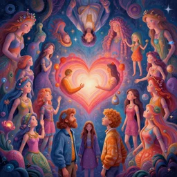 a psychedelic realm made entirely out of love and acceptance | astral beings sharing love!!!! | in the style of greg rutkowski! | and wlop | and lisa frank! | and bob ross!!! | and ruan jia | illustration | epic | fantasy | hyper detailed | smooth | unreal engine | sharp focus | ray tracing
