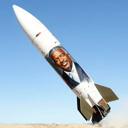 nuclear ballistic missile with an illustration of Steve Harvey painted onto it