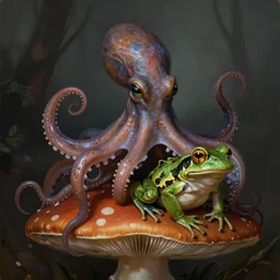octopus frog sitting on mushroom, highly detailed, digital painting, concept art, sharp focus, illustration, masterpiece, matte painting, glorious, unsettling, by lovecraft and greg rutkowski, luis royo and wayne barlowe, artstation