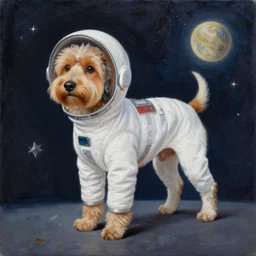 a beautiful painting, dog in a space suite, long shot