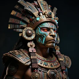 editorial photo portrait of aztec jaguar warrior with glowing tribal futuristic tattoos on face, warrior body, photo by mario testino, cinematic, hyper detailed, micro details, insanely detailed, trending on artstation,dark background, dramatic lighting, cinematic angle, concept art, insanely detailed and intricate