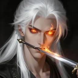 « man, white hair, eyes as a flame of fire and out of his mouth came a sharp two - edged sword, grim - lighting, high - contrast, intricate, elegant, highly detailed, digital painting, artstation, concept art, smooth, sharp focus, illustration »