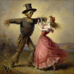 detailed soft painting of a robot scarecrow and his wife dancing. rembrandt style elegant highly detailed artstation concept art matte folk horror art by arthur rackham