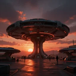 futuristic spaceship station, ground-level view, stunning volumetric lighting, sunset, trending on Artstation, 8k, photorealistic, hyper detailed, unreal engine 5, cinematic, epic lighting, cryengine, octane render, cyberpunk 2077, red and orange glow, dark, gloomy