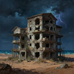 a beautiful photorealistic painting of architecture nature abandoned building multi - family by asher brown durand, darkacademia synthwave at night dieselpunk neon noir desert sea thunderstorm atlantis, archdaily, wallpaper, highly detailed, trending on artstation.