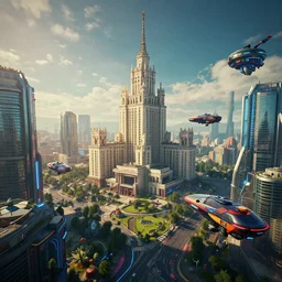 cyberpunk eastern europe city, a lot of future technologies, flying cars, unreal engine, octane render, epic scale, cinema view, 8 k