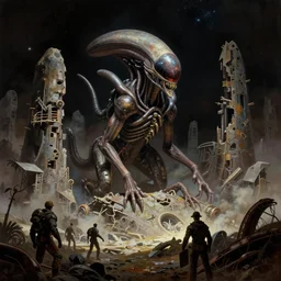 asimov hostile alien ruins deep space by syd mead, frank frazetta, ken kelly, simon bisley, richard corben, william - adolphe bouguereau