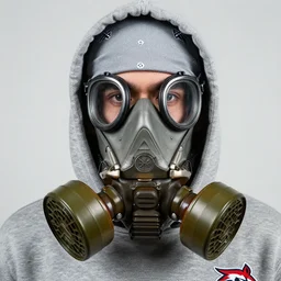 detailed conceptual close up photography portrait random young guy using grey hoodie and grey bandana with red and white wolf logo in right chest and gas mask