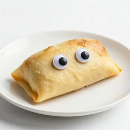 a dish with turducken stuffed inside tofu that looks like a sad tamale, photo, realistic, googly eyes