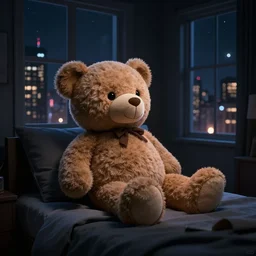 a teddy bear on a dark bedroom, midnight, digital art, windows with city lights, dramatic, trending on artstation