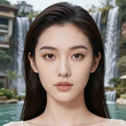 a beautiful female photo, professionally retouched, soft lighting, at luxury resort with waterfalls in background, realistic, smooth face, perfect eyes, wide angle, sharp focus on eyes, 8 k high definition, insanely detailed, intricate, elegant, art by artgerm and wlop