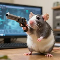 hyper - realistic bipedal rat!!!!!! biggie cheese [ biggie cheese as a rat ] aiming a gun at your head, barrel towards towards the screen from the new science fiction movie, 8 k, f 1. 8