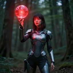 a girl in the woods, wearing futuristic clothes, with a red bright orb shining above her, digital art, 4k detailed