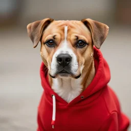 a dog in a red hoodie, highly detailed, photo realistic