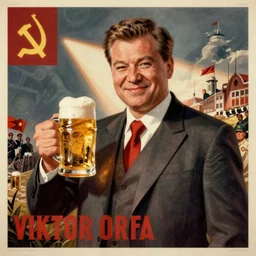 soviet propaganda poster of communist viktor orban winking with beer