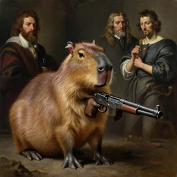 Realistic painting of a capybara wielding a tommy gun dramatic lighting, high-detailed oil painting by Ilya Repin, William Blake, Michelangelo da Caravaggio, Alex Grey and Beksinski, masterpiece, 4k