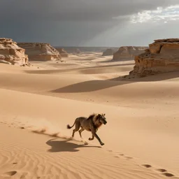beast running across the open desert, empty desert, sand, karst landscape, wide shot, concept art by alex horley