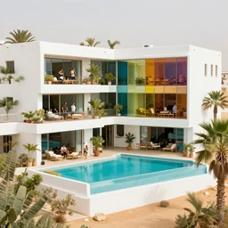 white terraced office building in the dessert, many plants and infinite pool, colorful glass wall, joyful people in the house
