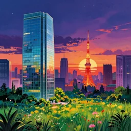 a beautiful hyperdetailed rendering of urbex co - op city by david hockney, elysian retrowave galactic synthwave at dusk reclaimed by nature made of glass scumm bar vaporwave at night steampunk vice city sunset myst futuristic sunny tokyo dramatic lighting nightsky meadow thermal imaging, archdaily, wallpaper, highly detailed, trending on artstation.
