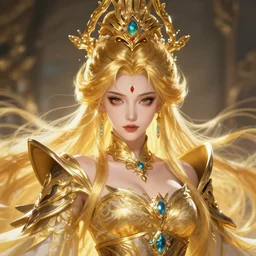 portrait of a beautiful anime empress with golden elaborate hair wearing intricate fantasy clothing, perfect face details, symmetry, digital painting, trending on artstation and deviantart, epic composition, vibrant, dynamic, highly detailed, ross draws, wlop, 8 k