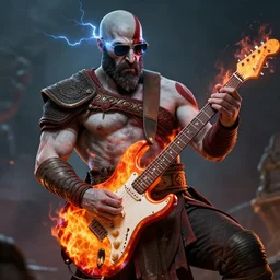 sunglasses wearing kratos shredding on a flaming stratocaster guitar, cinematic render, god of war 2 0 1 8, santa monica studio official media, sunglasses, lightning