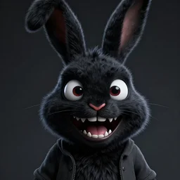 A extremely highly detailed majestic hi-res beautiful, highly detailed head and shoulders portrait of a scary terrifying, horrifying, creepy black cartoon rabbit with scary big eyes, earing a shirt laughing in the style of Walt Disney