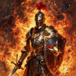 a _ fantasy _ style _ portrait _ painting _ of knight with red plume, gold sword and big shield, fire background, firey environment, oil _ painting _ unreal _ 5 _ daz. _ rpg _ portrait _ extremely _ detailed _ artgerm _ greg _ rutkowski _ greg