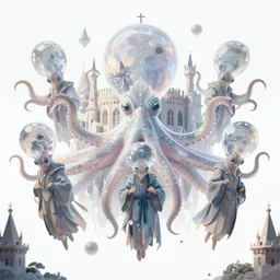 group of mankind species mages with enormous translucent octopus heads floating around inside an ancient mage castle hall colossal scale, gothic and baroque, brutalist architecture, ultradetailed, intricate details by Ellen Jewett and Ayami Kojima