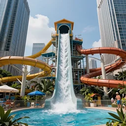 waterpark in a downtown financial district skyscrapers waterslides painting by brain froud, charles vess, cinematic lighting, epic composition, highly detailed