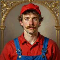 a portrait of a man with a mustache wearing a red shirt, blue overalls, and a red cap, art by peter mohrbacher, matte painting, ornate details,