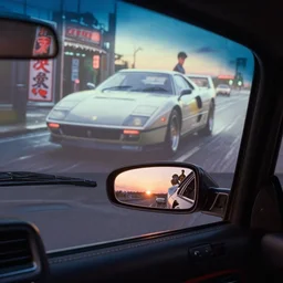 fuji 5 0 r, wide lens ; sunrise, ferrari style car interior with rear window mirror view ; in background a projection of beautiful hyperrealistic film still from ronin ( 1 9 9 0 ) car scene directed by wachowski in style of 1 9 9 0 s frontiers in miniature porcelain kintsugu design magazine seinen manga edition, real - life seinen manga porcelain sci - fi font izakaya sign, highly detailed, cinematic lighting, 8 k