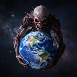 Horrifying creature holding earth in space, view from above, digital art