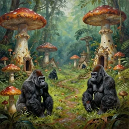 a jungle village of alino gorillas and their mushroom huts, matte oil painting, retrofuturistic, science fantasy, salt, rust, mutant, lgbt, queer, rpg, epic, dungeons & dragons, sacred, sharp focus, award - winning, extremely detailed, 4 k, 8 k
