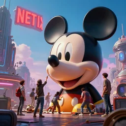a group of people repairing the giant head of mickey mouse, netflix logo in the sky, cyberpunk art by eddie mendoza, cgsociety, retrofuturism, dystopian art, concept art, unreal engine highly rendered, global illumination, radiant light, intricate and detailed environment