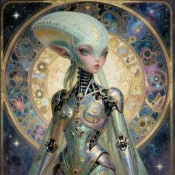 detailed realistic beautiful! young cher alien robot as queen of biopunk galaxy portrait by jean delville, gustave dore and marco mazzoni, art nouveau, symbolist, visionary, baroque, giant fractal details. horizontal symmetry by zdzisław beksinski, iris van herpen, raymond swanland and alphonse mucha. highly detailed, hyper - real, beautiful