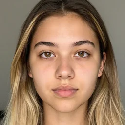 brunette with long dyed blonde hair, small nose, smaller mouth, round shaped face, big forehead, lop eared, thin eyebrows, hazel eyes, darker skin, real life photograph